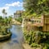 El jardín tropical Monte Palace en Madeira, Portugal, cuenta con un lago con pequeñas islas y una cascada, rodeada por una frondosa vegetación y un camino que conduce a un gran edificio